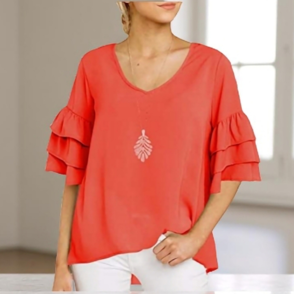Shy VelvetV-Neck Ruffle Sleeves Top